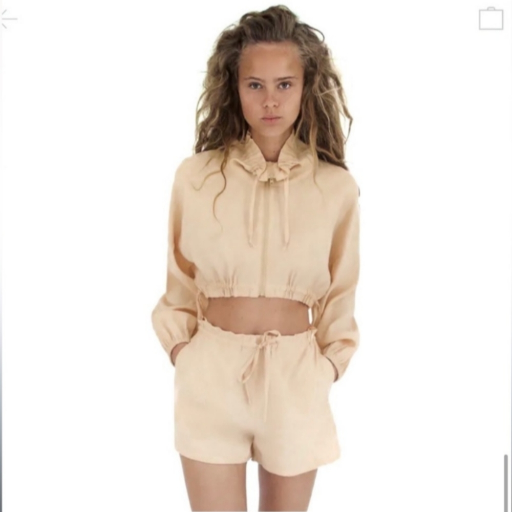 NWT 𝅺ZARA Vanilla Tan Flow Cropped Drawstring Jacket Sz XXL XL - Picture 2 of 13